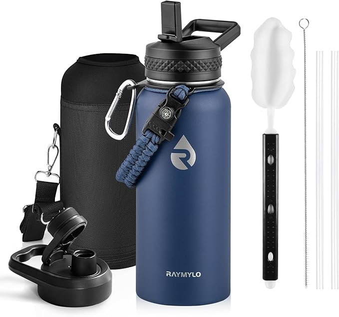 RAYMYLO Insulated Water Bottle 32 oz, Triple Wall Vacuum Stainless Steel (Cold for 24Hrs, Hot for 12Hrs), Leak Proof & Non-BPA, Modern Water Flask Jug with Paracord Handle & Straw Spout Lids