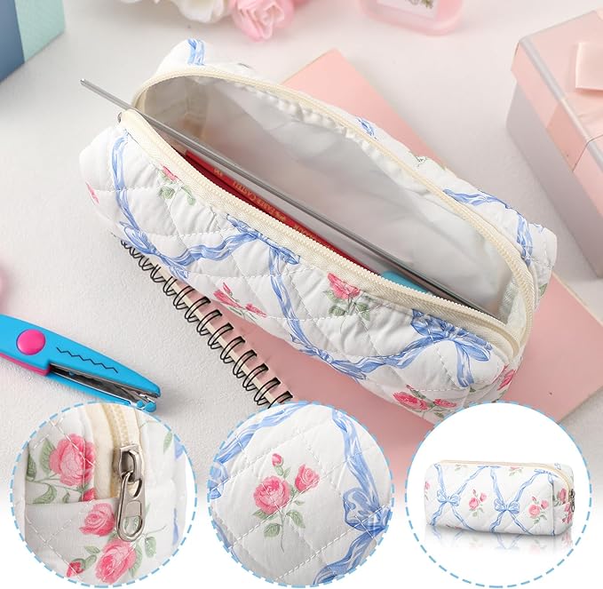 Sherr Coquette Bow Pencil Case Blue Floral Bow Cute Pencil Pouch Soft Cotton Storage Bag Aesthetic Pattern Gift Makeup Pouch Cosmetic Bag for Women Adults