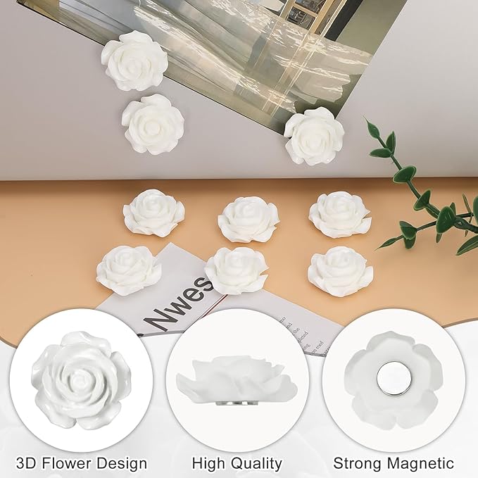 20 Pcs Rose Fridge Magnets, 1.1 Inch Cute Flower Fridge Magnets, 3D Colorful Refrigerator Decorative Magnet for Whiteboard Locker Cabinet (White-Rose)