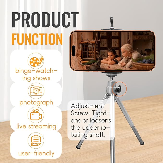 Mini Portble Extendable Phone Tripod Stand with Clip, 360° Ball Head Desktop Tripod Compatible with All Cellphone Mini Camera for Vlogging, Travel, Video Recording (Silver)