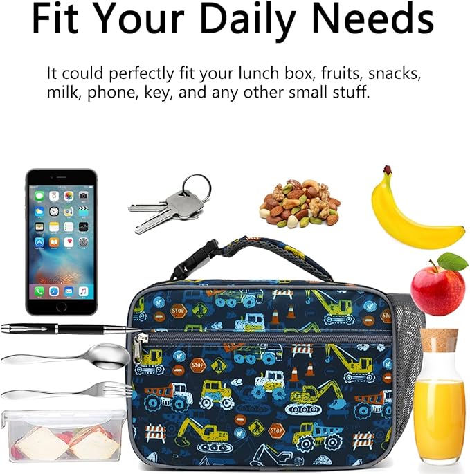 GYEUKHAM Insulated Lunch Box for School, Thermal Reusable Durable Freezable Lunch Bags for Kids Boys Girls Men Women - Small Soft Cooler Portable Lunch Tote Kit for Work Picnic Travel,Excavator