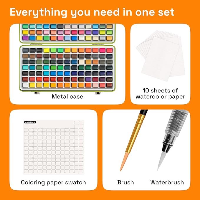 ARTISTRO Watercolor Paint Set 160 Colors - Vivid, Metallic & Neon, Portable Travel Set for Kids & Adults