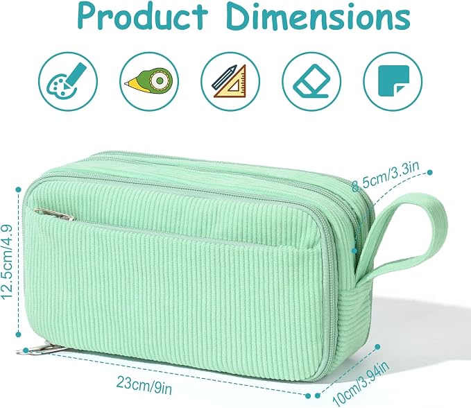 BuyCard Big Capacity Pencil Case, Corduroy Fabric, White with Mint Green Floral Pattern, Pencil Bag with Zipper Closure, Graduation Gift Office Stationery Storage Pen Pouch