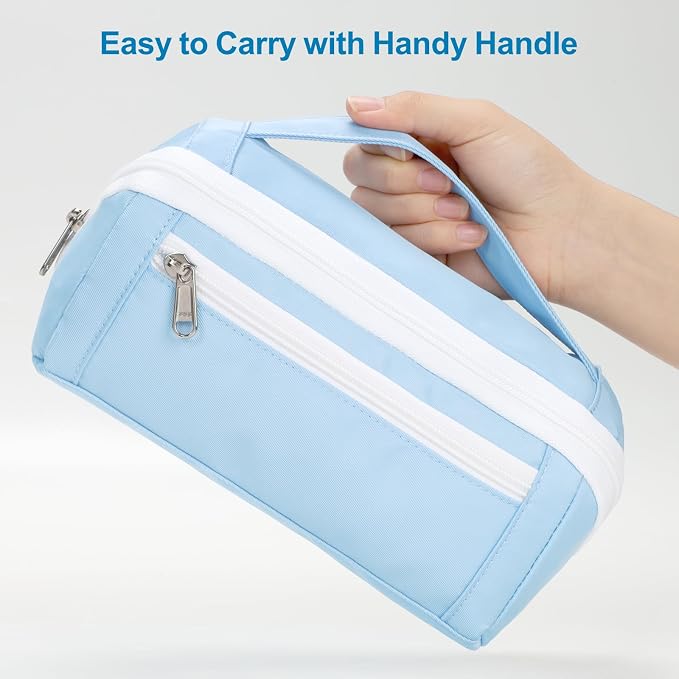 Large Capacity Pencil Case - Pencil Pouch for Teen Girls & Boys, Aesthetic Pouch Organizer with 8 Compartments, Wide Opening Marker Bag for Middle High School College, Fits Calculator, Blue