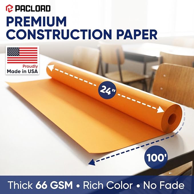 Orange Construction Paper Roll 24" x 100 ft – Made in USA – 24" Bulletin Board Paper for Classroom & School, Teachers & Kids