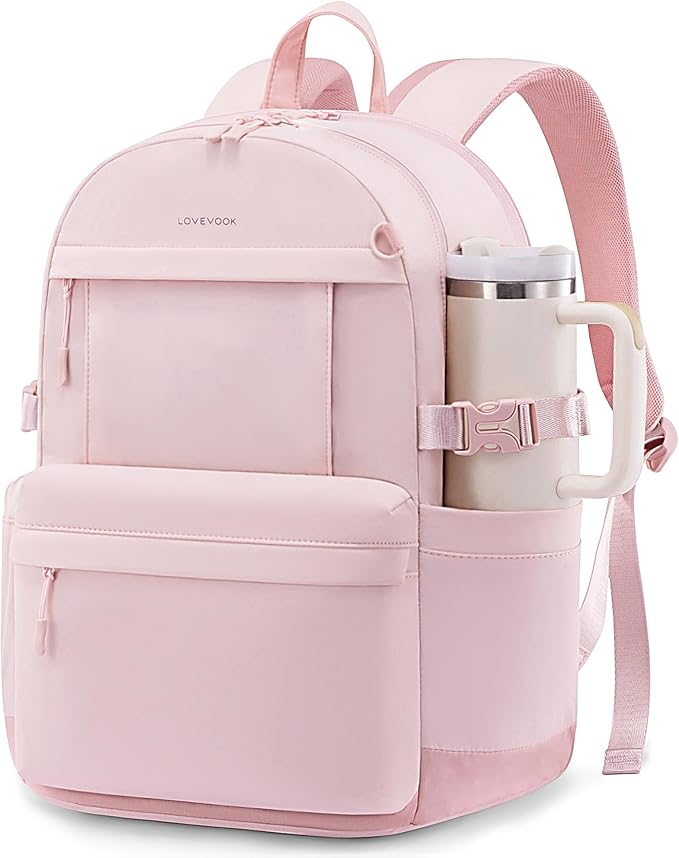 LOVEVOOK Laptop Backpack for Women with Giant Tumbler Holder,15.6 Inch Laptop Computer Bag Travel Backpack Purse,Waterproof Work Business Backpack College Bookbag Teacher Bags,Pink