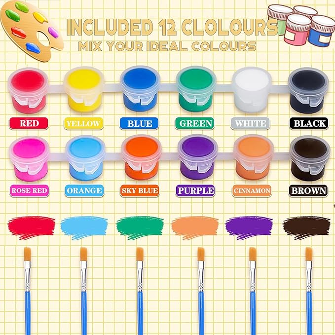 DUA MAIGA 420Pcs Washable Acrylic Paint for Kids Arts and Crafts, 30 Gouache Watercolor Paint Sets of 12 Colors for Party Classroom Painting Supplies, 30 Flat and 30 Pointed Brushes