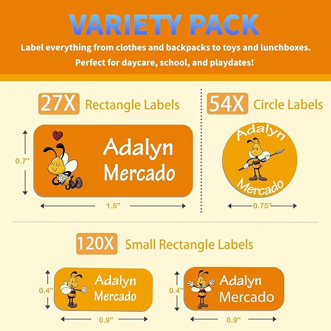 Custom Personalized Name Labels for Kids-(200-1000Labels) Waterproof Name Stickers Tags for School&Daycare,Clothing Tags,Washable&Durable Labels for Lunch Boxes, Bottles,Toys&GEA (Bee)