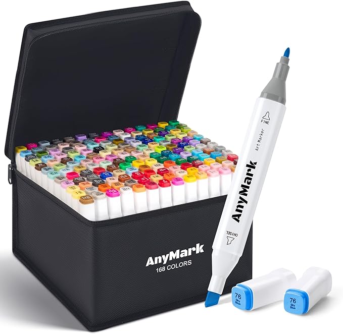 AnyMark Alcohol Markers, 168 Colors Dual Tip Art Coloring Markers Set for Adult Book Drawing Sketching Painting, Chisel & Fine, White Penholder