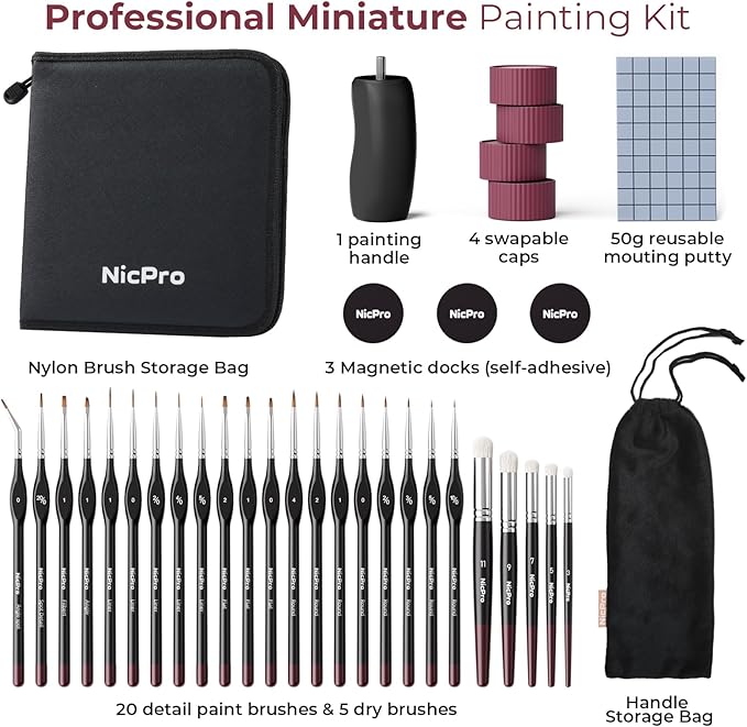 Nicpro Professional Miniature Painting Kit - 25PCS Miniature Paint Brushes Drybrush with Magnetic Painting Handle, Model Paint Brushes for Miniatures, Model, Craft, Acrylic Painting, with Nylon Bag