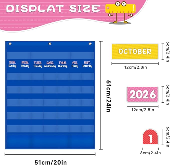 Mewise Monthly Calendar Pocket Chart with 92 Activity Cards for Kids,Simplified Calendar Pocket Chart for Kids Easy Learning,Classroom/Teacher Must Have Supplies/School Decor (Blue English)