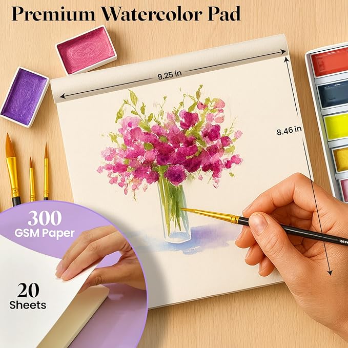 Chalkola Professional Watercolor Paint Set - 48 Semi Moist Water Colors Paint Adult Set, XL Pans | With Painting Brushes, Water Color Pad & Art Supplies | Suitable for Adults, Kids, Beginner & Artists