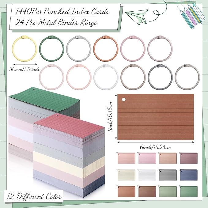 Ctosree 1440 Pcs Back to School Gifts Colored Index Cards with Binder Ring Ruled Flash Cards 12 Color Lined Note 56lb Cover for Studying Memory Office School(4 x 6 Inch,Soft Color)