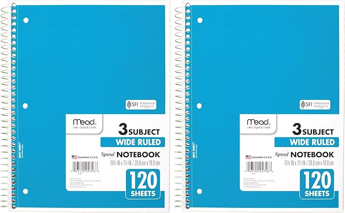 Mead Spiral Notebook, 3 Subject, Wide Ruled Paper, 120 Sheets, 10-1/2" x 8", Color Selected For You, 1 Count (05746) (Pack of 2)