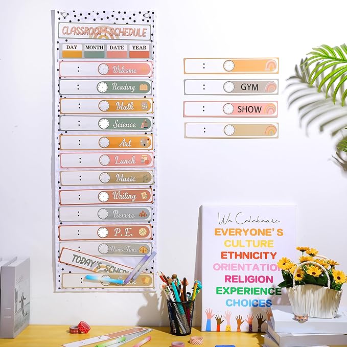 MotiMind Daily Schedule Pocket Chart for Classroom, Calendar Pocket Chart 13+1 Pockets, 21 Reusable Cards for Classroom School 13" x 36" (Soft Color,Boho)