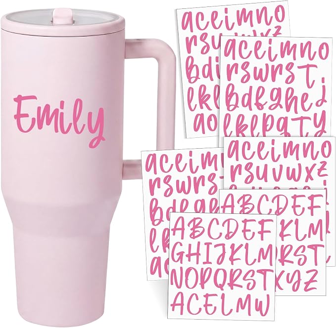 UV DTF Cup Wrap Letter Stickers Vinyl Decals,Pink,6 Sheets | Personalized Name Stickers for Water Bottles Tumblers, Waterproof UV DTF Alphabet A-Z Stickers for 14-48oz Mugs DIY Craft