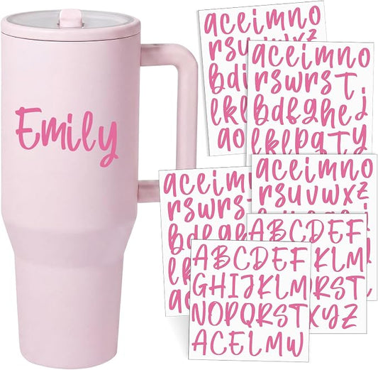 UV DTF Cup Wrap Letter Stickers Vinyl Decals,Pink,6 Sheets | Personalized Name Stickers for Water Bottles Tumblers, Waterproof UV DTF Alphabet A-Z Stickers for 14-48oz Mugs DIY Craft