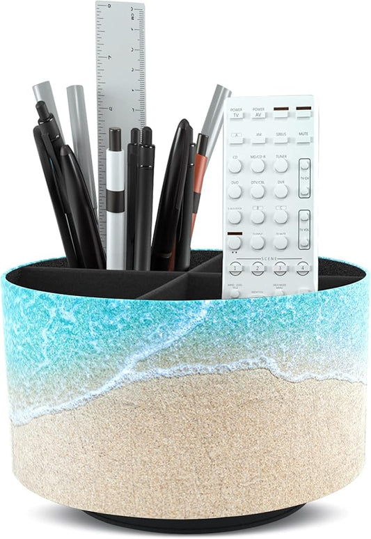 Round Leather Art Supply Organizer,Remote Control Holder,360 Degree Rotating,Multi-Functional Pencil Holder,4 Compartments Desktop Stationary Organizer(1-Sandbeach)