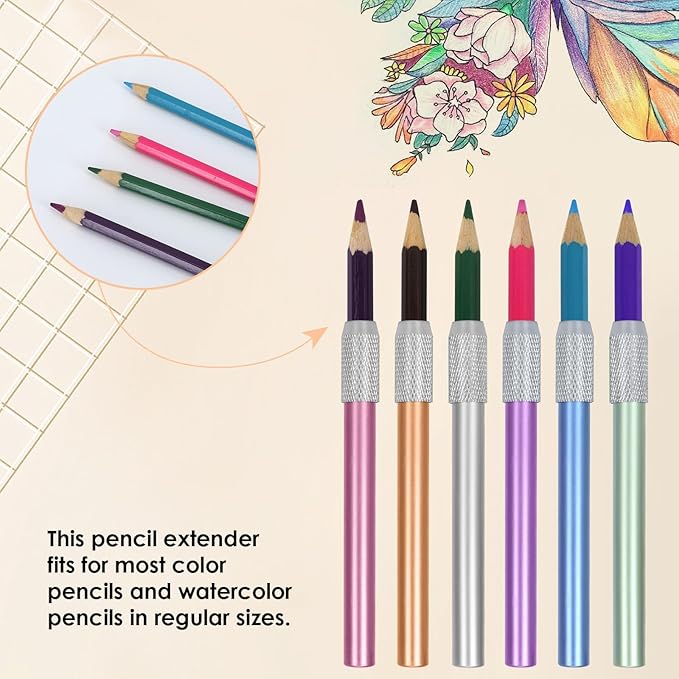 YOUSHARES Aluminum Assorted Colors Pencil Lengthener – Pencil Extender Holder for Colored Pencils in Regular Size (6 Pcs)
