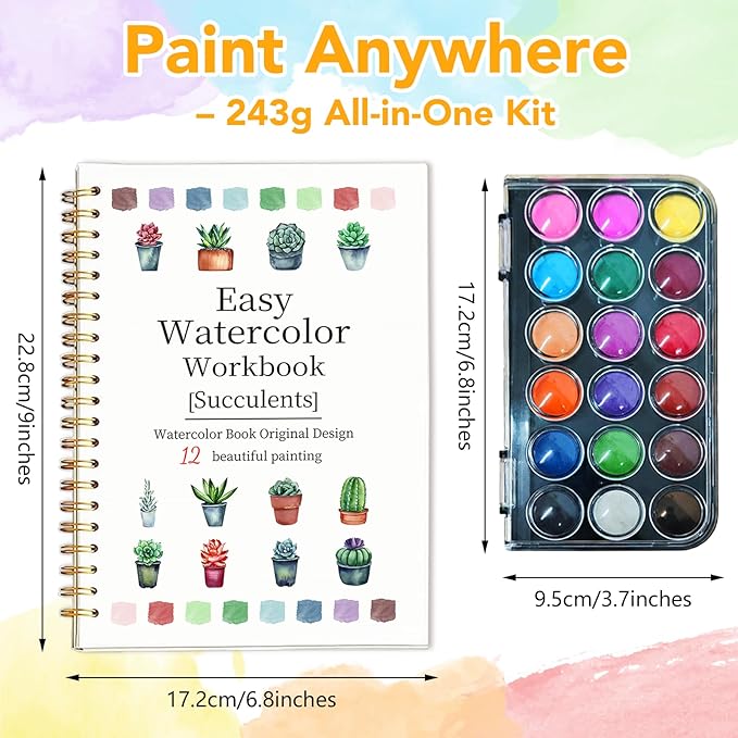Easy Watercolor Workbook for Beginners - 12 Beautiful Step-by-Step Paintings Water Coloring Book, Includes 18 Colors Paints, Relaxing Art Projects and Creative Gift for Adults & Teen (Succulents)