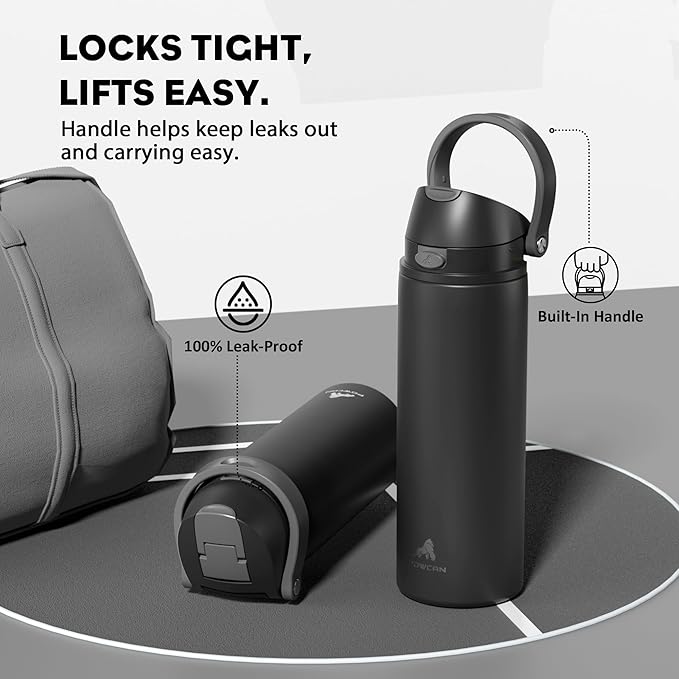 POWCAN 24 oz Insulated Water Bottle for Sports: Push-Button Spout & Quick-Flip Straw, Leakproof, Keep Cold 24Hrs, Fits Car Cupholder, Stainless Steel Bottle for Travel, Gym, School (Midnight Black)