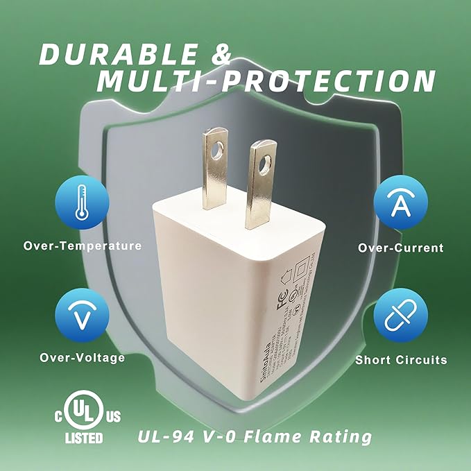 UL Listed USB Wall Charger Block (5W, White, 2pcs), 5V 1A Power Adapter for Outlet, Plug for Cell Phones, Tablets, Earphones, Power Banks, Smart Wearables, Toys and More Electronic Gadgets