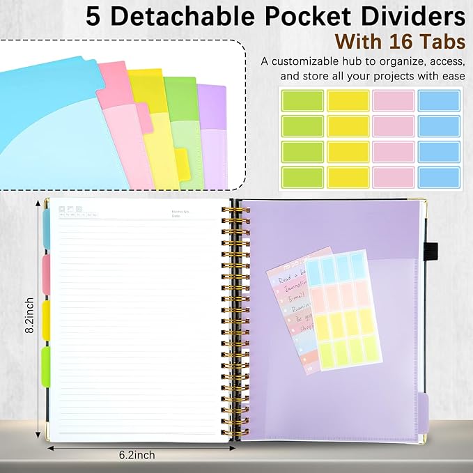 Hardcover Spiral Notebooks for Work 6.2"x 8.2", 300 Pages 5 Subject Notebook with Dividers & Tabs, A5 Spiral Journal for Women, College Ruled Notebook for School Note-Taking (Black)