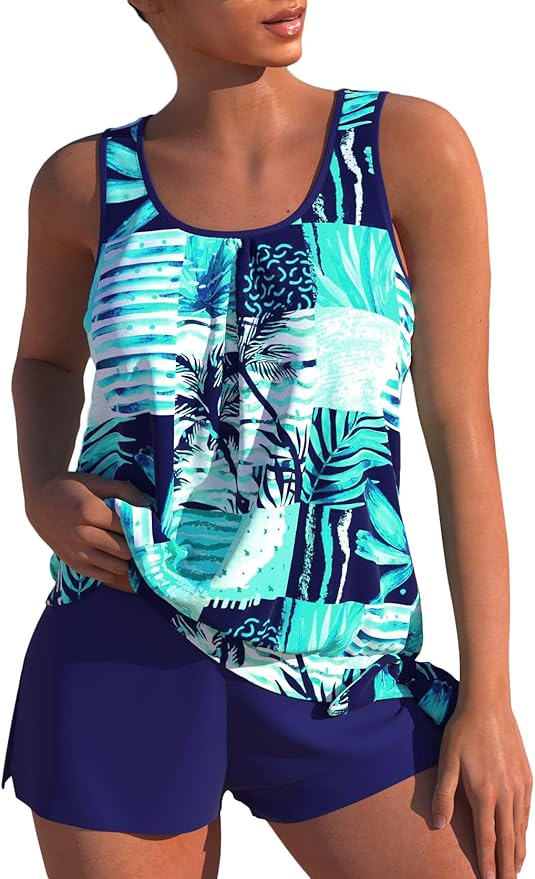 Modlily Modest Two Piece Tankini Swimsuits, Tropical Plants Print Bathing Suits, Casual Tank Top with Board Shorts