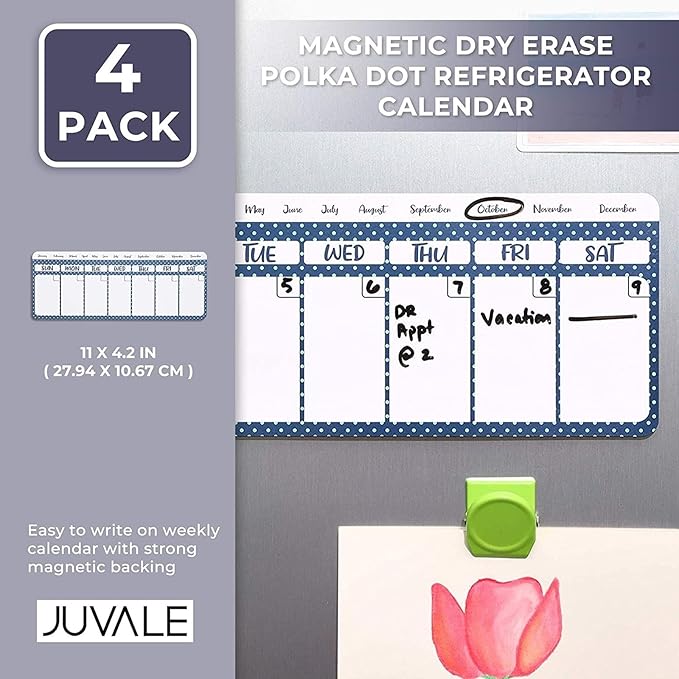 Juvale Dry Erase Weekly Calendar Magnet - Magnetic Calendar for Refrigerator - Dry Erase Weekly Planner - Desk Decor & Office Desk Accessories - 11"x 4.2", Pack of 4