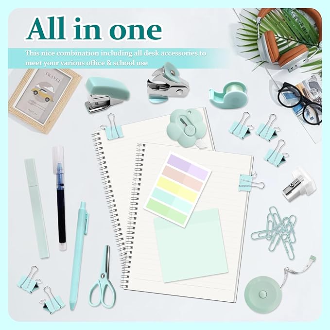 Mini Office Supplies, Teal Stapler with Staples and Tape Dispenser Set, Mini Stationary Kit Includes Sticky Notes Index Tabs Highlighters Gel Pens for Office & School Supplies (Teal)