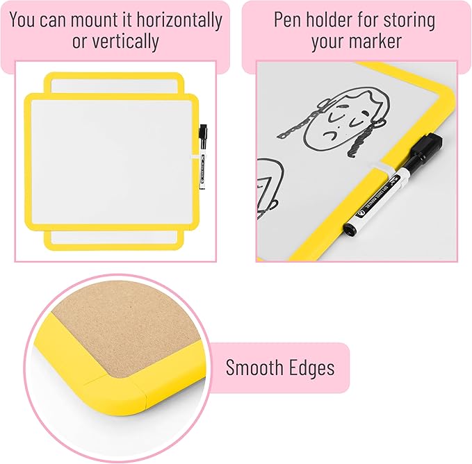 Mr. Pen- Dry Erase Board, 14” x 11” with a Black Dry Erase Marker, Yellow Frame, Small Mini White Board for Students, Fridge, Wall, Locker, Includes Double Sided Tapes
