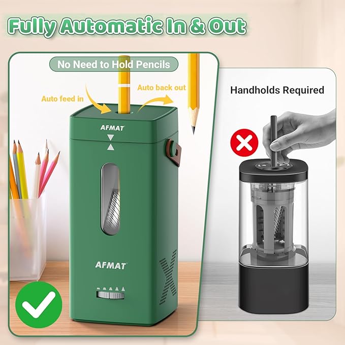 AFMAT Electric Pencil Sharpener, Fully Automatic Pencil Sharpener, Auto in & Out, Rechargeable Hands-Free Sharpeners for Jumbo & Colored Pencils (6.5-12mm), Portable for Home/Classroom/Office PSC6