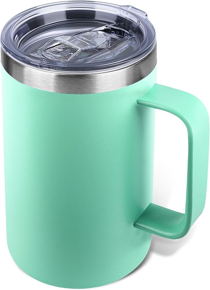 22oz Insulated Coffee Mug with Handle & Leak-Proof Lid - Double Wall Stainless Steel Travel Tumbler for Commute/Office/Home, Mint Green, 1 Pack