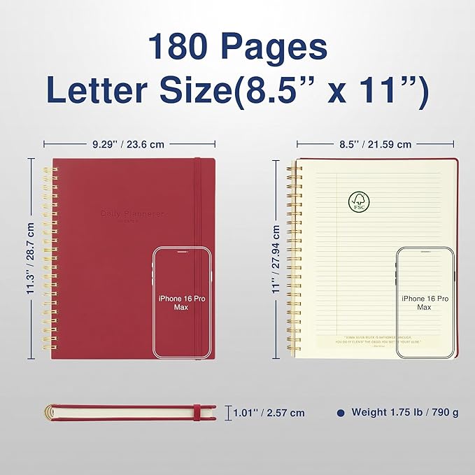 AuroPlanner Undated Daily Planner To Do List Hourly Schedule 2028 2027 2026 Calendar & Holiday Habit Tracker 180 Pages Letter Size 8.5" x 11" Sheets Hardcover Spiral Bound Notebook (Red)