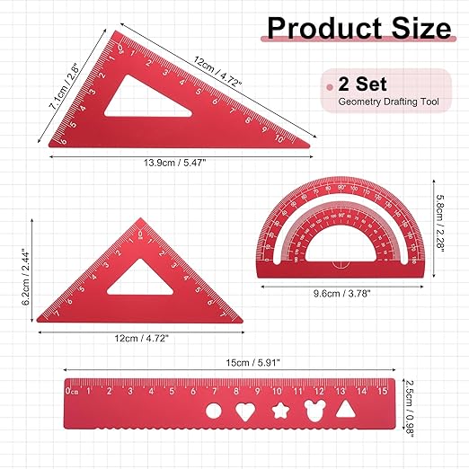PATIKIL 8 Pcs Geometry Drafting Tool, Aluminum Alloy Geometry Kit Math Tool Includes 15cm L Ruler Protractor Triangles for Drafting Angle Measure Simple Science Experiment, Red
