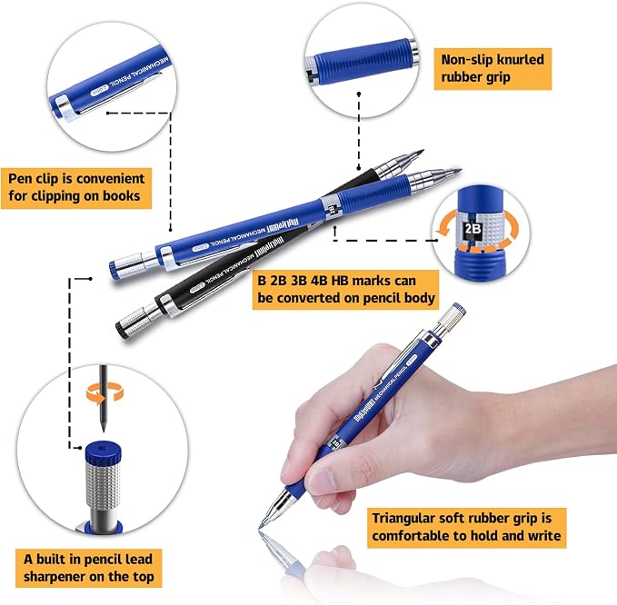 MyLifeUNIT 2.0mm Mechanical Pencil, 2mm Lead Pencil for Draft Drawing, Carpenter, Crafting, Art Sketching (Set of Pencils and Leads)