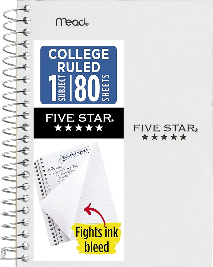 Five Star Spiral Notebook, 1 Subject, College Ruled Paper, 4-3/8" x 7", Personal Size, 80 Sheets, Fights Ink Bleed, Water Resistant Cover, White (450048E)