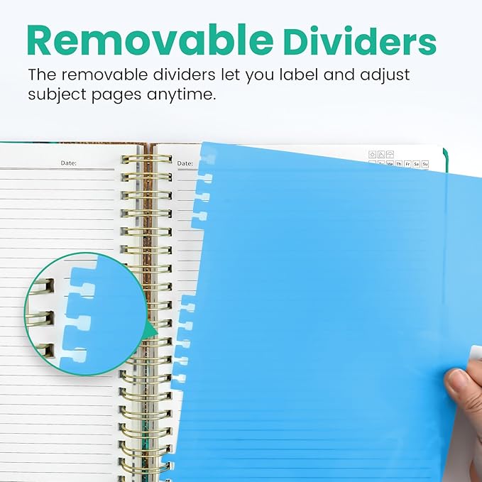 Large Lined Spiral Journal for Women Cute Hardcover 5 Subject Notebook for Work 8.5" x 11" with Removable Dividers & Tabs, College Ruled, 280 Pages Aesthetic Journal for Work, School & Note Taking, Emerald Shores
