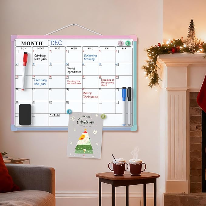 MaxGear Monthly Calendar Dry Erase Board for Wall, 16"x12" Small Hanging Double-Sided White Board, Portable Whiteboard for Planning, Drawing, Memo, to Do List, School, Home, Office, Macaron Frame