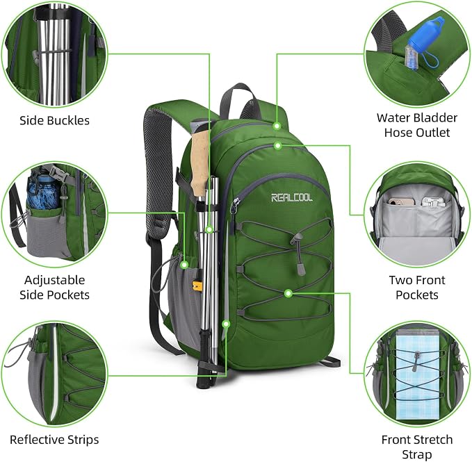 RealCool 20L Lightweight Hiking Backpack, Waterproof Daypack for Camping | 210D tear-resistant nylon, breathable shoulder and back panel, Multi-Compartment,hydration system,reflective strip,bungee net