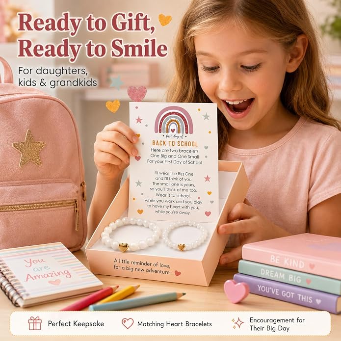 Back to School Bracelets Heart Matching Mommy and Me Elastic Wish Strings Bead Bracelets First Day of School Supplies Gifts