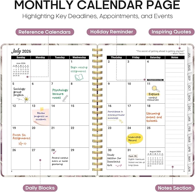 Planner 2026-2027, Academic Year Weekly and Monthly Calender Planner, from Jul 2026 - Jun 2027, Spiral Bound School Planning Book, Perfect for Teacher, Student, Women & Men, A5 (6.3" x 8.5"), Soft Peony