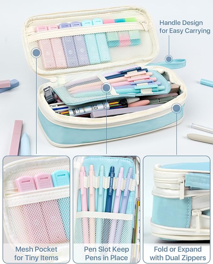 Four Candies 56PCS School Supplies with Pencil Case, Stationery Set, Blue | 6 Multicolor Pens, 12 Pastel Highlighters, 5 Gel Pens, 9 Mechanical Pencils, Back to School, College Essentials for Students
