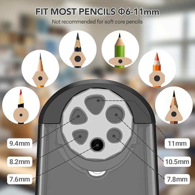 AFMAT Electric Pencil Sharpener for Classroom, 6 Holes, Cordless & Rechargeable, Fast Sharpen, Auto Stop, 10K+ Uses, Heavy Duty Pencil Sharpener for 6-11mm No.2/Large/Colored Pencils PSD2(Black)