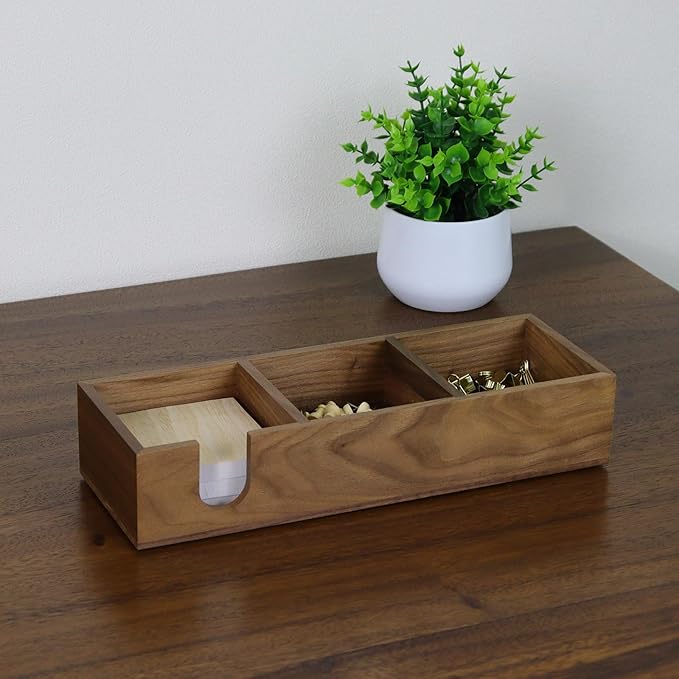 MultiBey 3 in1 Walnut Wooden Sticky Note Holder, 12" x 4.3" x 2.4" Self-Stick Note Pads Holder Memo Pad Dispenser, Wood Post it Note Dispenser Desk Organizer for Office Home School