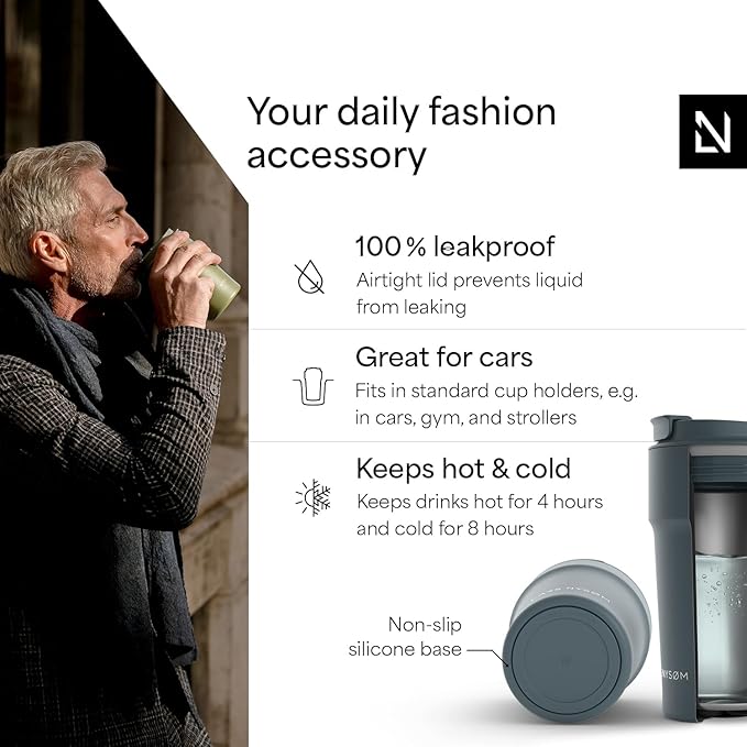 LARS NYSØM Thermo Coffee Mug to go 17oz | Travel Mug 0.5 Liter with Insulation | Silicone grip base | Leak Proof Stainless Steel Tumbler for Coffee and Tea on the Go (Powder Stone Blue, 17oz)