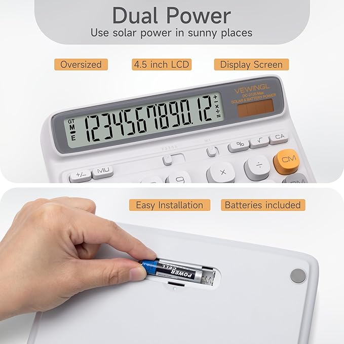 VEWINGL Desktop Calculator with Extra Large LCD Display, 12-Digit Dual Power Solar & Battery Calculator, Big Button Office Calculator for Accounting, Home, School & Business Use (Gray)