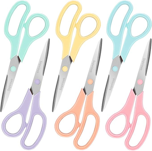 6 Pcs 8” Scissors, Sharp Stainless Steel Comfort Grip for Everyday Use | Right/Left Hand, All Purpose Scissor for Office Home School Craft Sewing Fabric Supplies, High/Middle School Student Teacher