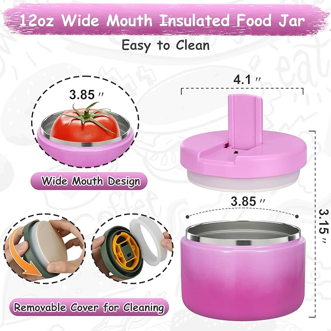 Pawtong 12oz Insulated Vacuum Food Jar with Buckle Lid Wide Mouth Soup Thermo for Hot Food Kids Leakproof Stainless Steel Lunch Container (Gradient Purple, 12OZ)