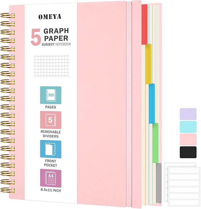 Graph Paper Notebook 8.5" X 11": 5 Subject Graphing Notebook with Removable Dividers, 300 Pages 100gsm Thick Spiral Grid Notebooks, 5x5 Graph Ruled Paper, Large A4 Math Journal for School Engineering
